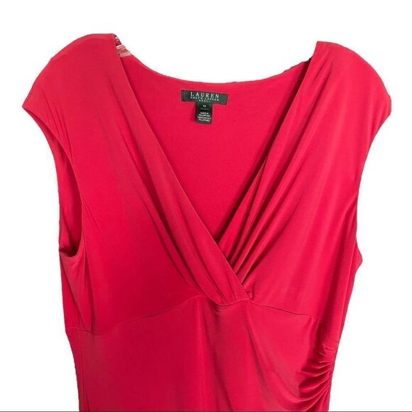 LAUREN Ralph Lauren Dress Sleeveless Jersey Red Ruched Faux Wrap Womens 14 - Picture 4 of 10